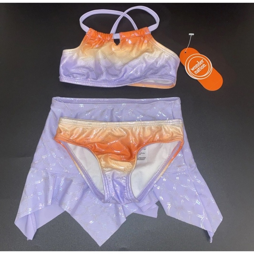 NWT WONDER NATION 3 Pc. Swimsuit Bikini Baby Girls 18M Lavender & Orange Mermaid